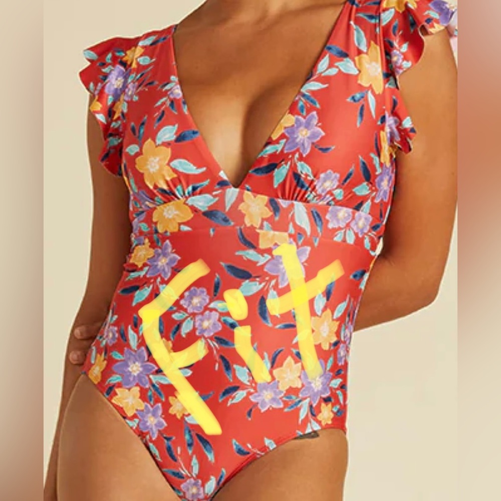 Ruffle cap sleeve, plunging V neckline, vintage, inspired floral onepiece suit. - Picture 6 of 6